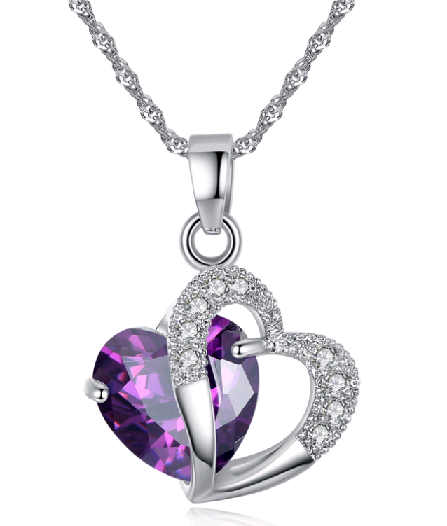 Amethyst Zircon Heart Necklace Earrings Set