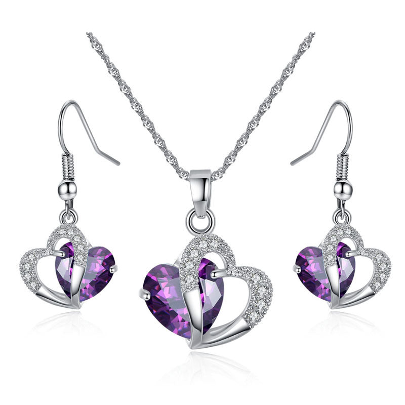 Amethyst Zircon Heart Necklace Earrings Set