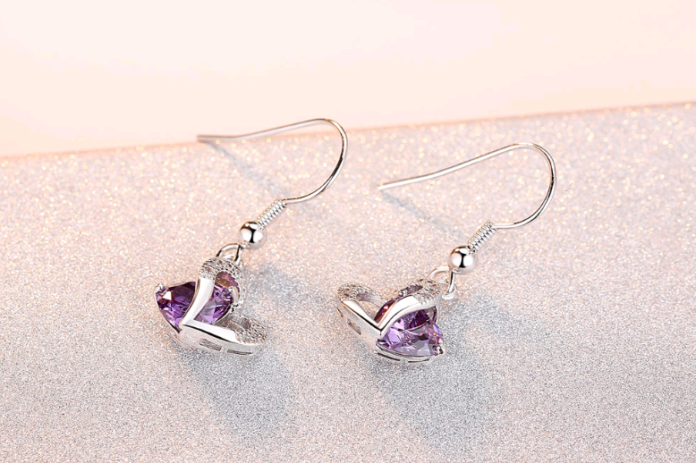 Amethyst Zircon Heart Necklace Earrings Set